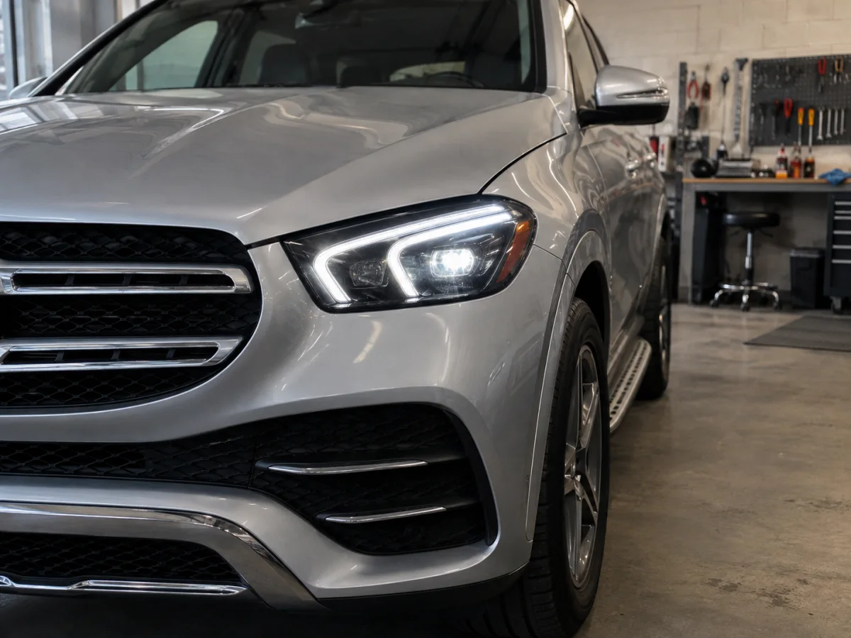 Front corner of a Mercedes-Benz GLE with its LED headlight and daytime running light on