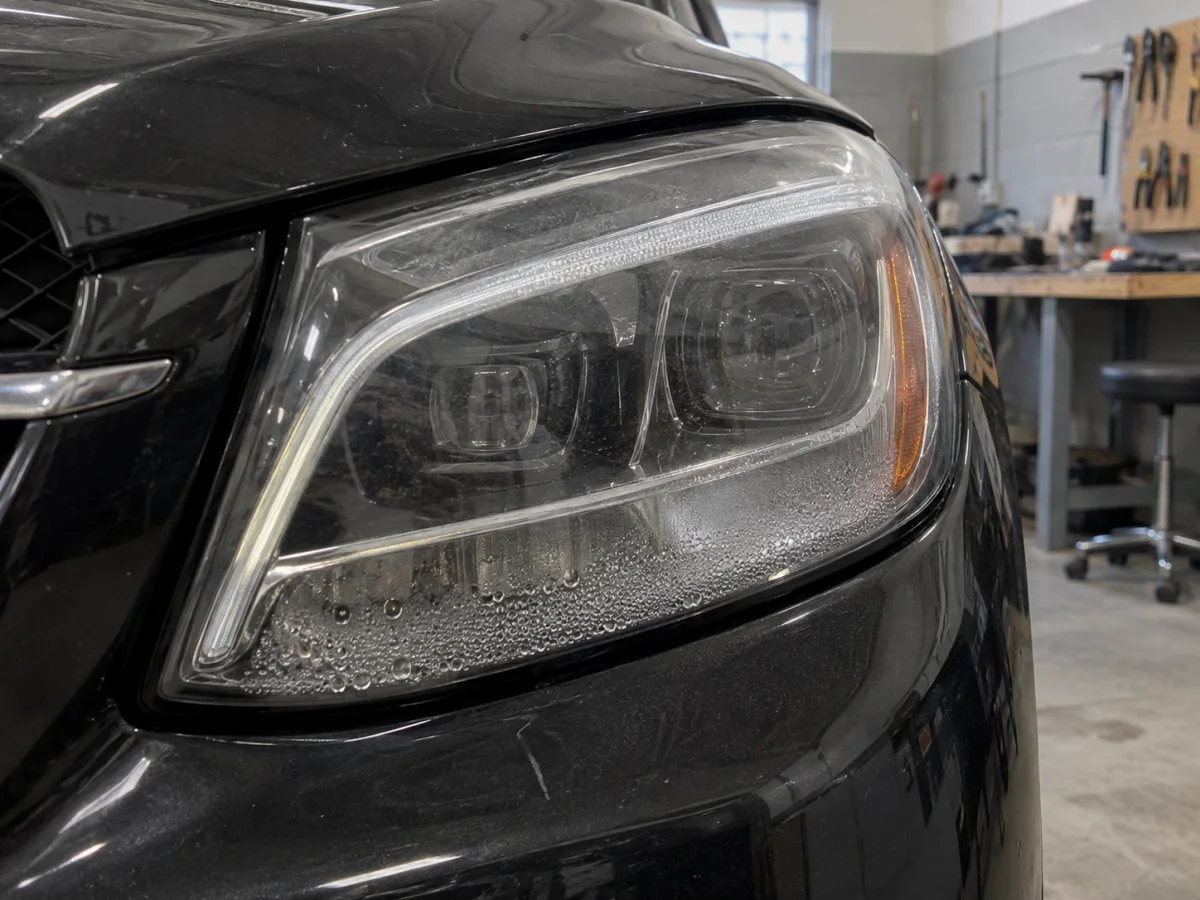 Water droplets on the inside of the lens of a Mercedes SUV headlight
