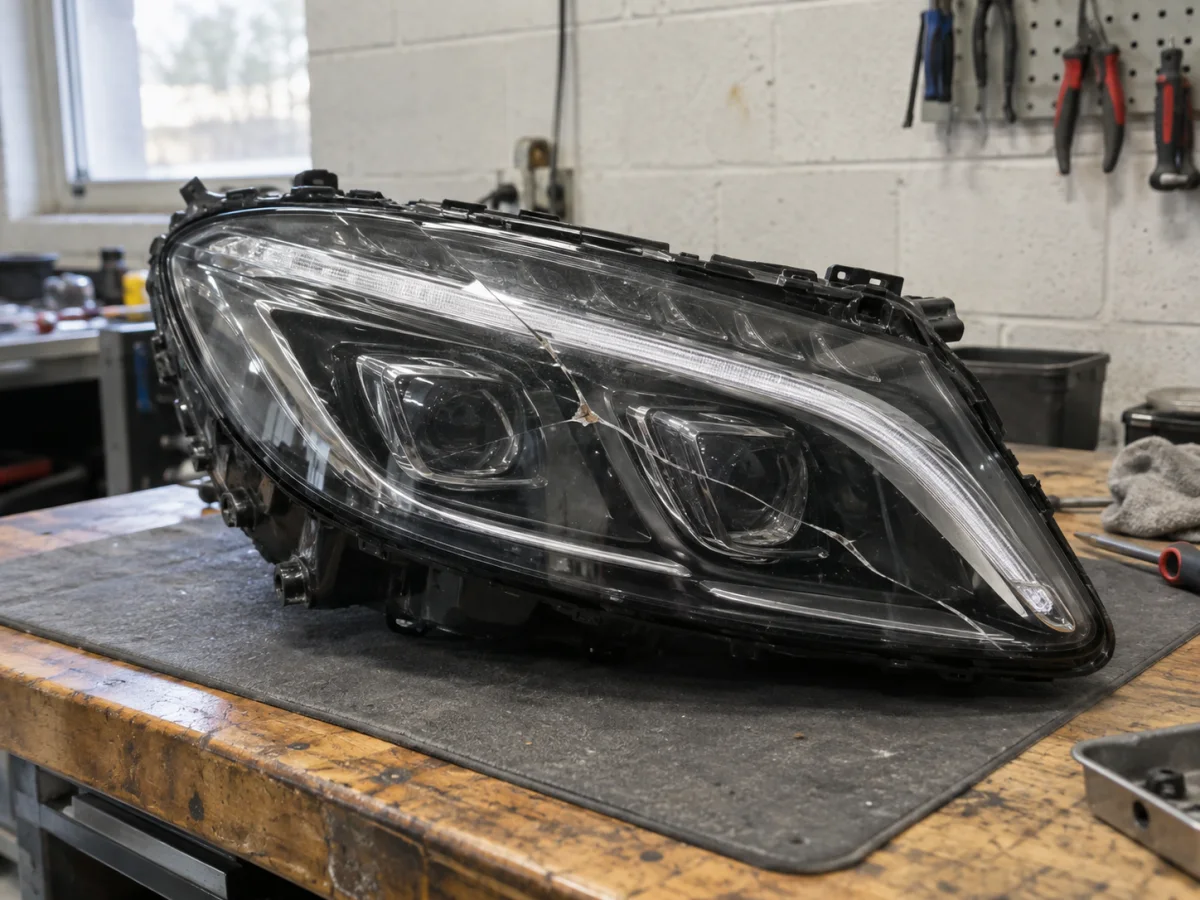 Mercedes headlight with a crack across the outer lens and the LED units intact behind it