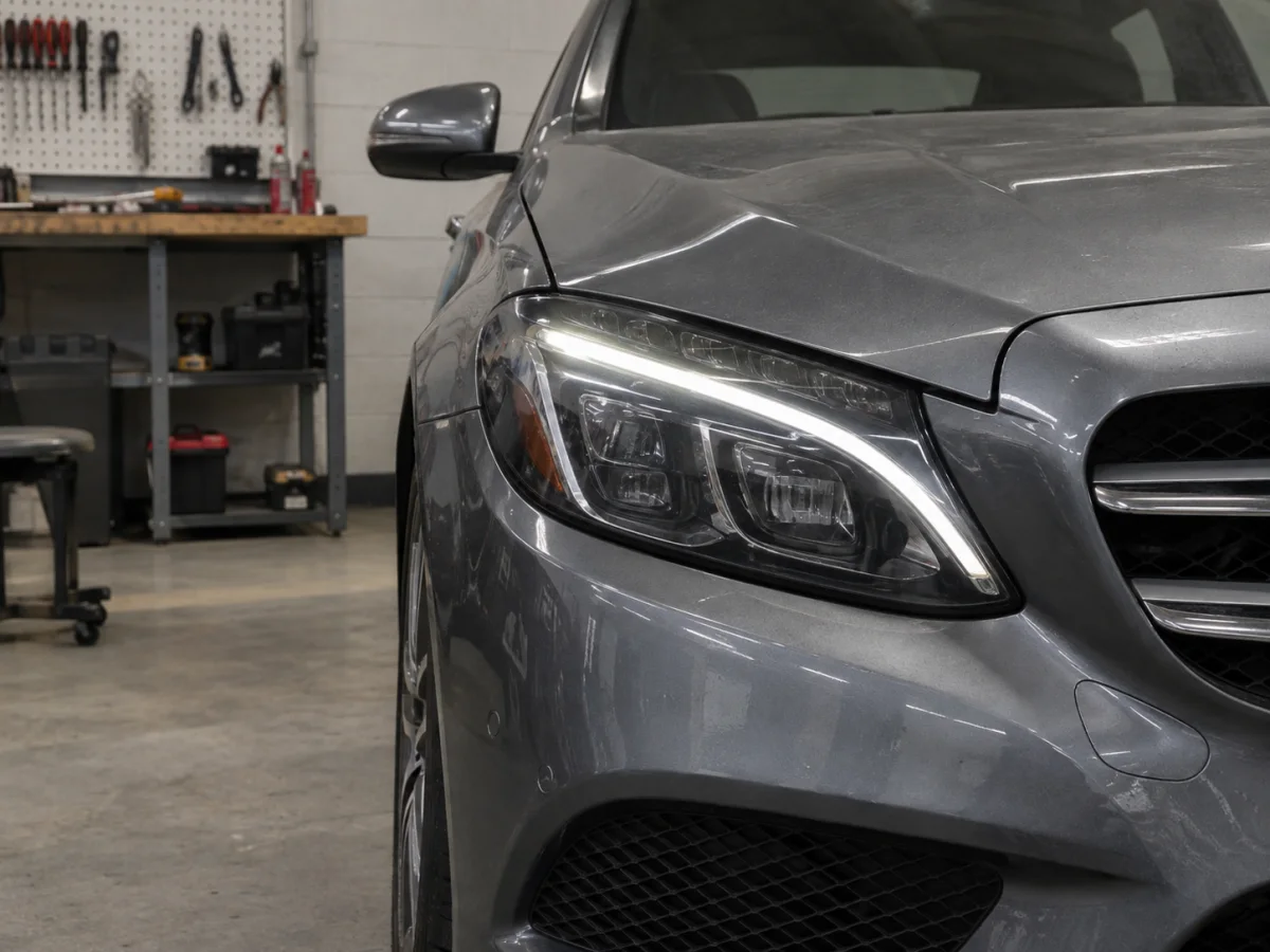 Mercedes-Benz LED headlight with the daytime running light on, seen at an angle