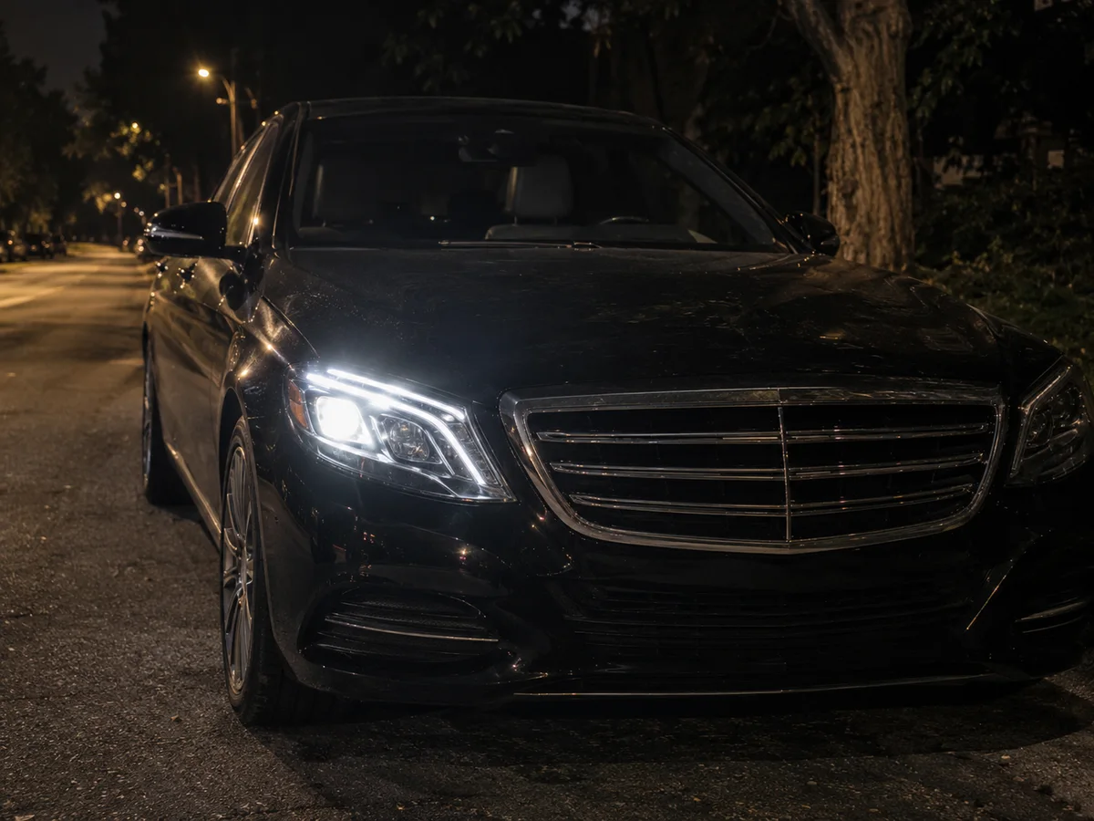W222 sedan at night with the driver side LED headlight dark and the other side lit