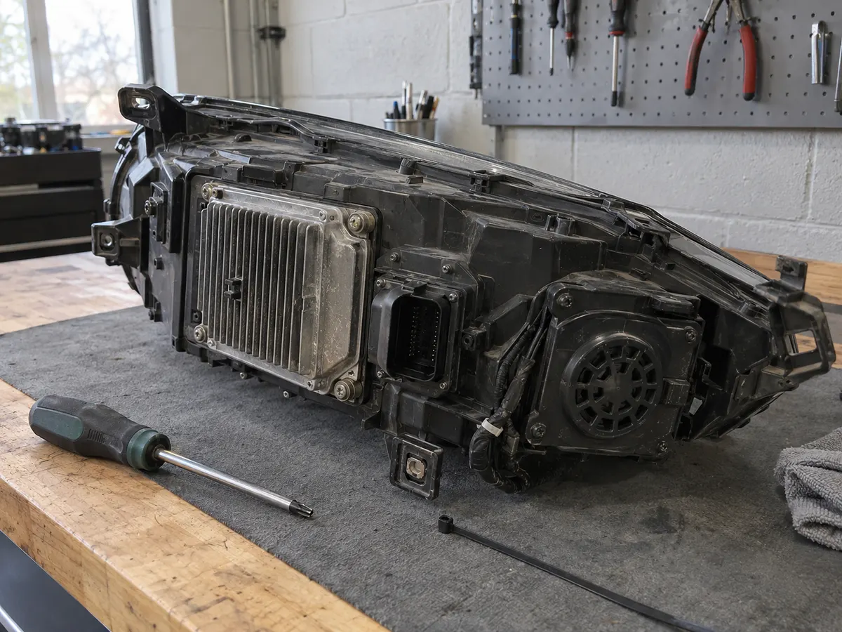 S-Class LED headlight removed from the car, seen from the back with its control module