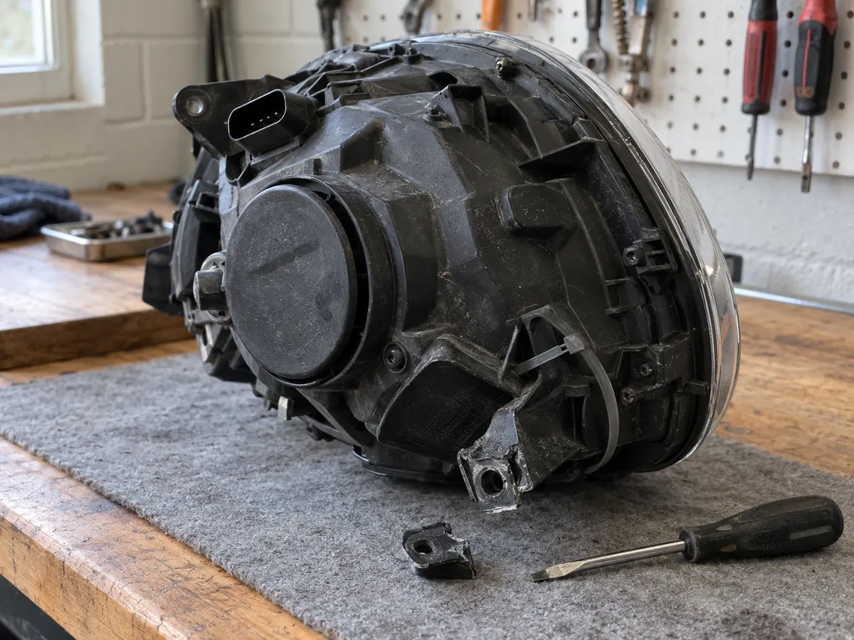 Snapped mounting tab on the housing of a Mini Cooper F56 headlight