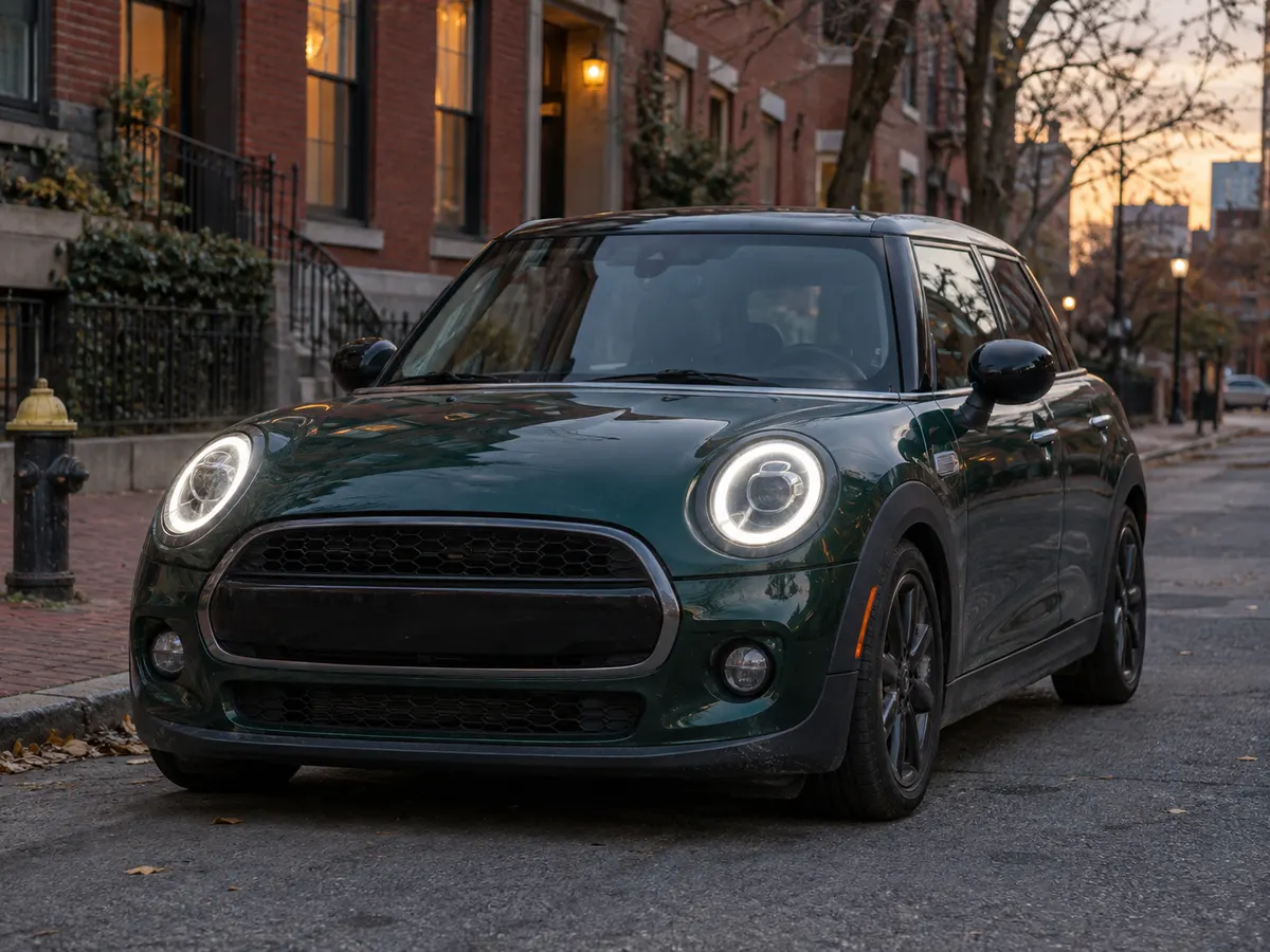 Front of a Mini Cooper at dusk with both round headlights lit