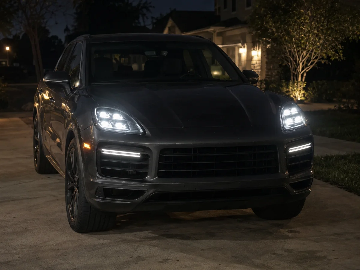 Front of a Porsche Cayenne at night with both LED headlights and daytime running lights on