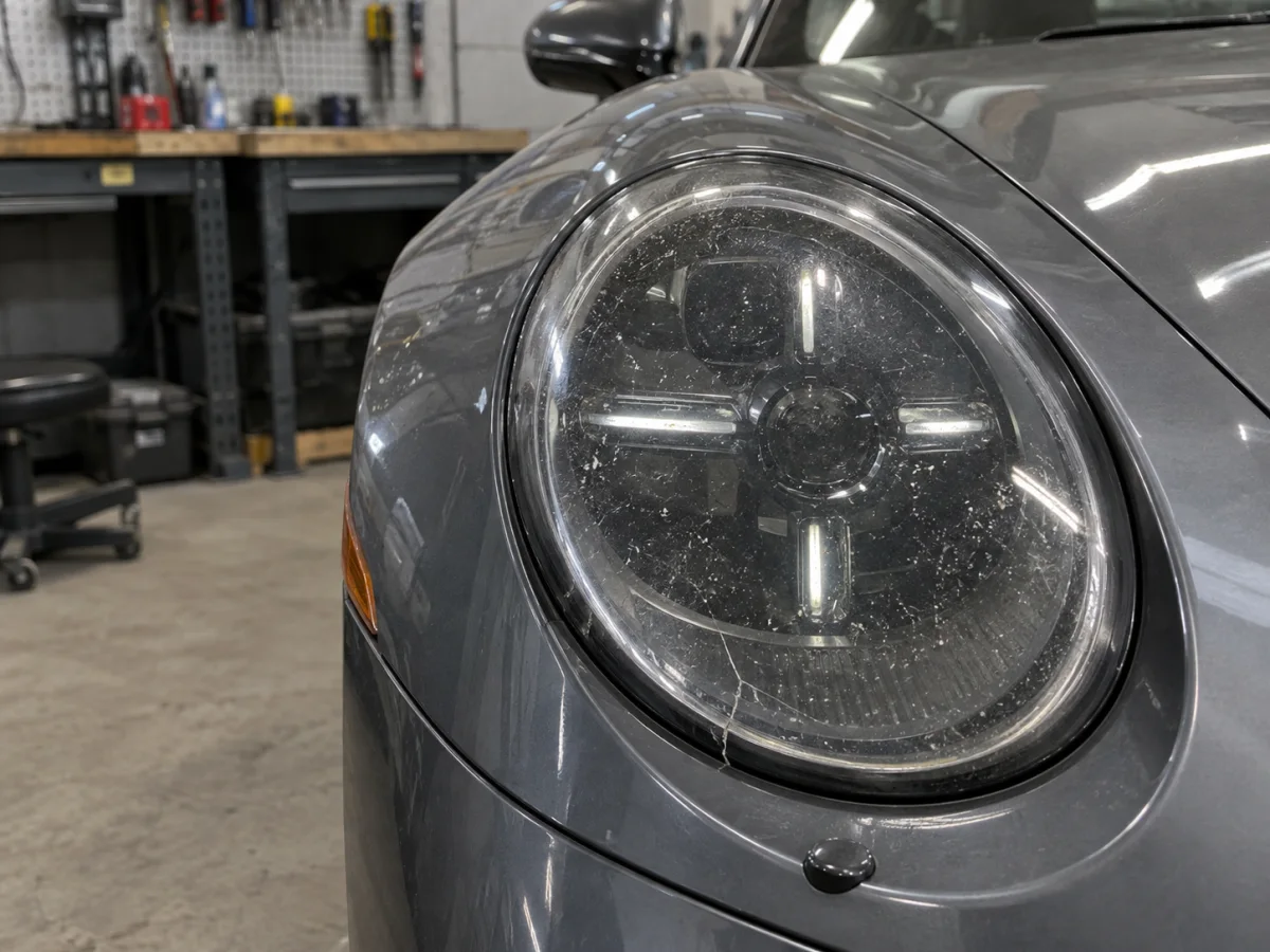 Porsche 911 headlight with stone chips and a small crack on the outer lens