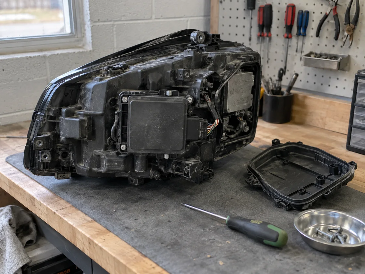 Rear of a Macan LED headlight removed from the car, with its control module visible