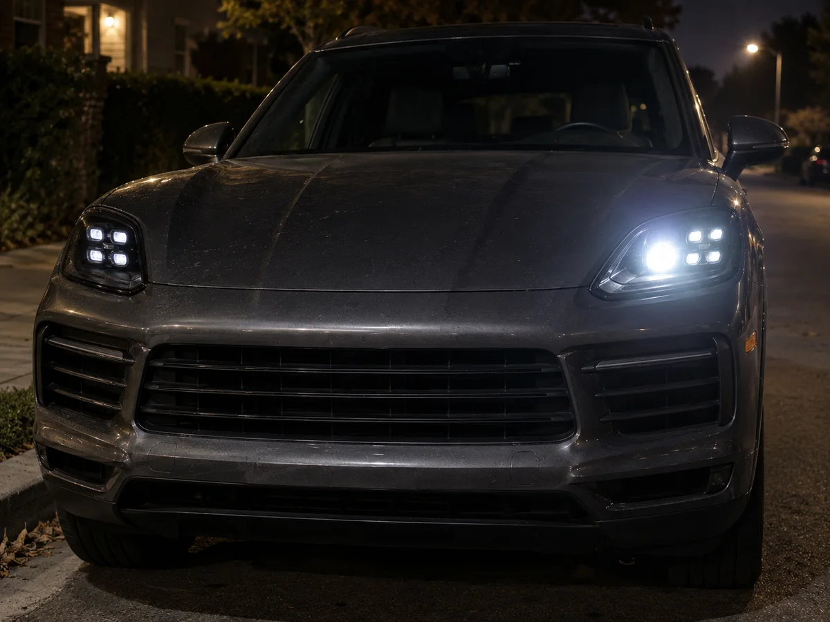 Porsche Macan at night with the four-point daytime lights on and one low beam dark