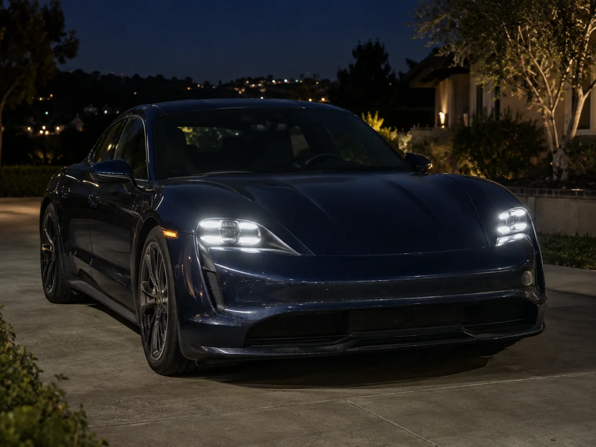 Front of a Porsche Taycan at night with both LED headlights lit evenly