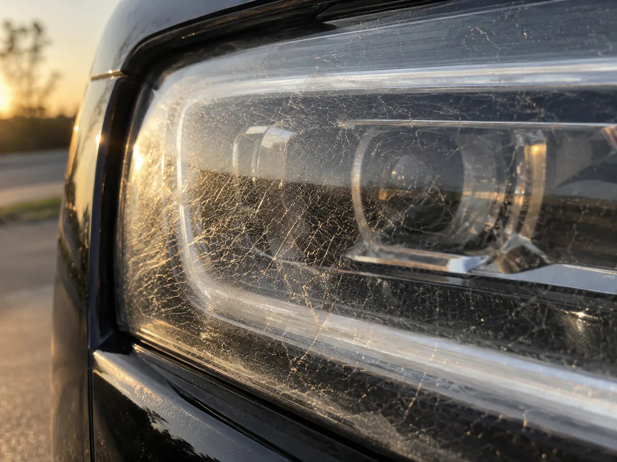 Fine hairline cracks across the outer lens of a Rolls-Royce Ghost headlight, seen up close