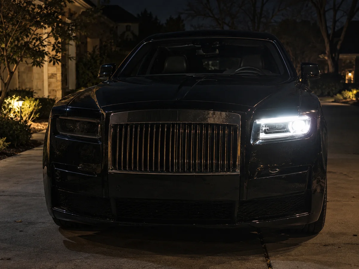 Rolls-Royce Ghost at night with the passenger side low beam dark
