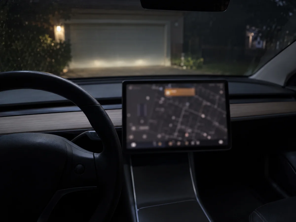 Tesla touchscreen showing a headlight alert while parked at night