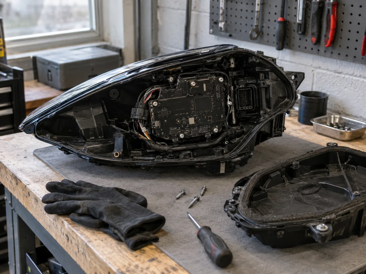 Tesla LED headlight with the rear cover open to reach the control electronics