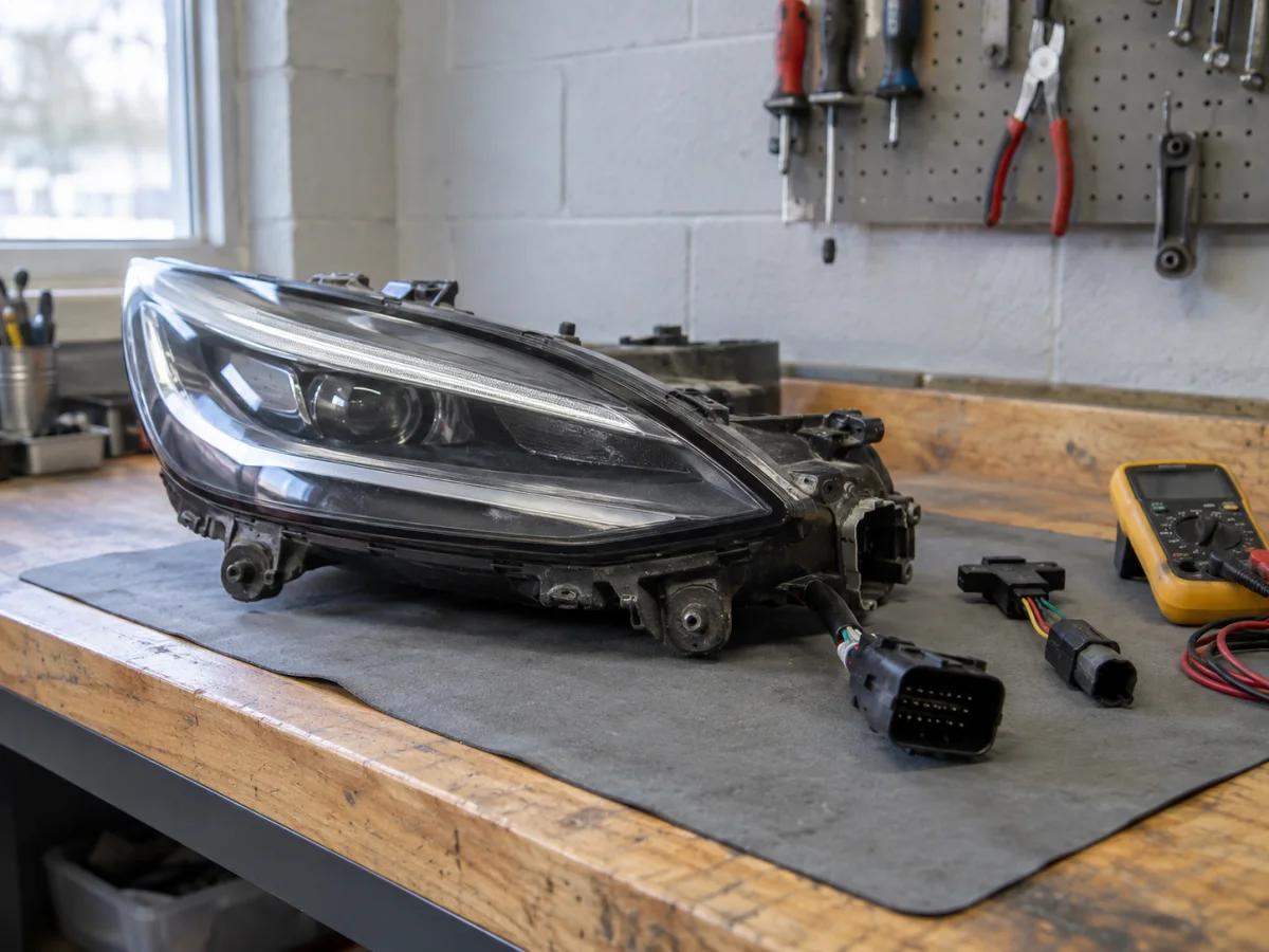 Tesla Model 3 headlight removed from the car for an adaptive alert check
