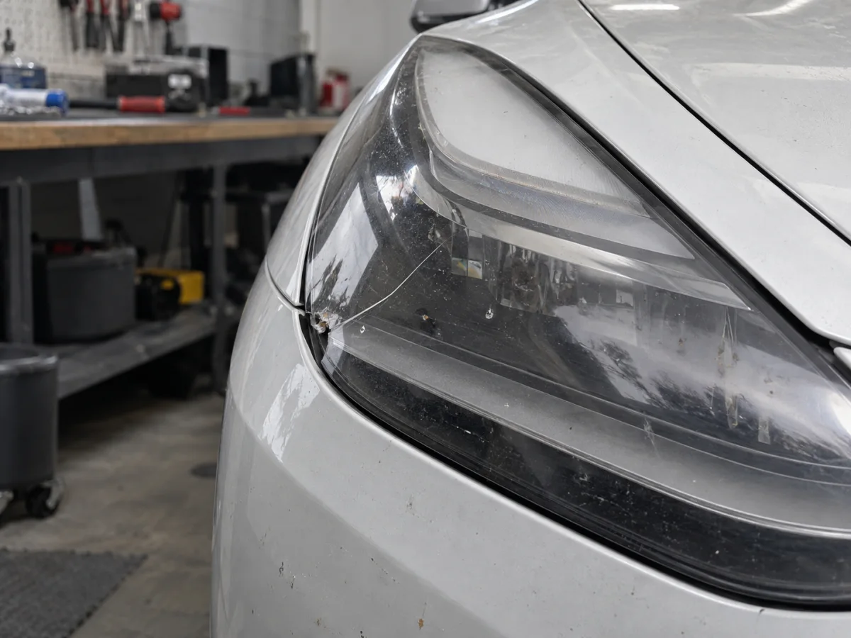 Close view of a cracked lens on a Model 3 headlight