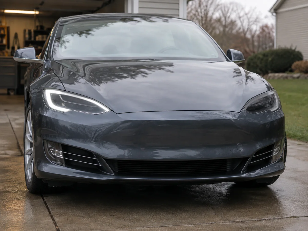 Tesla Model S headlight with one daytime running light strip out