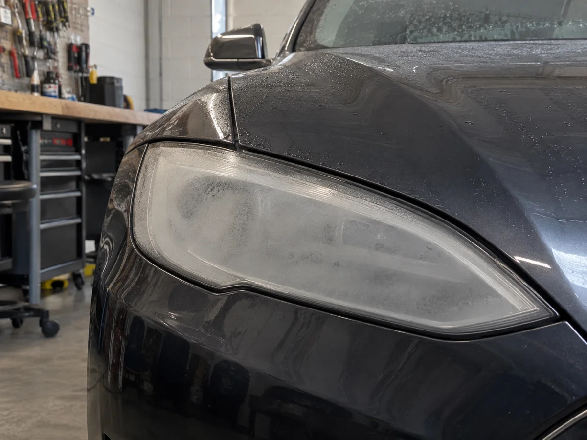 Fogged lens on a Model S headlight seen from the front
