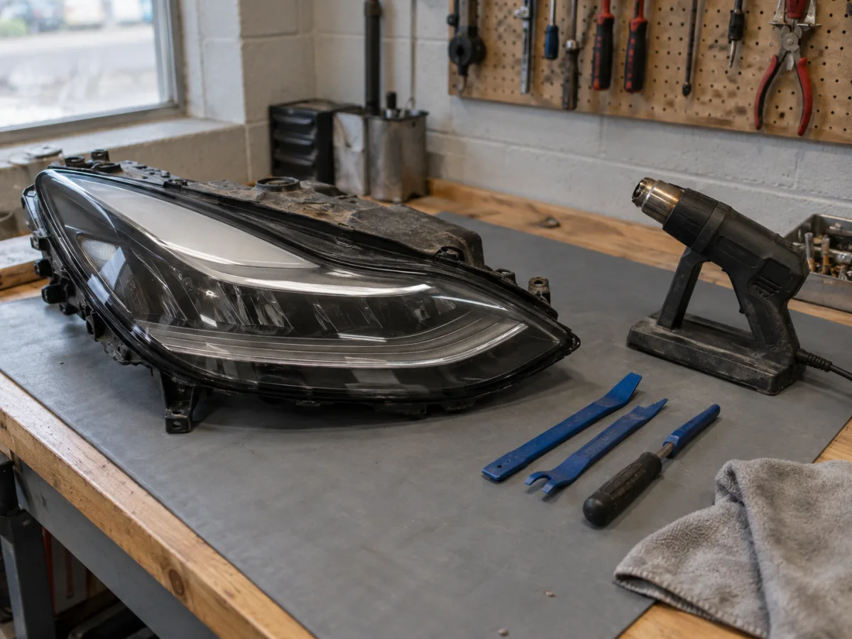 Tesla Model Y headlight on a bench, ready to be opened for repair