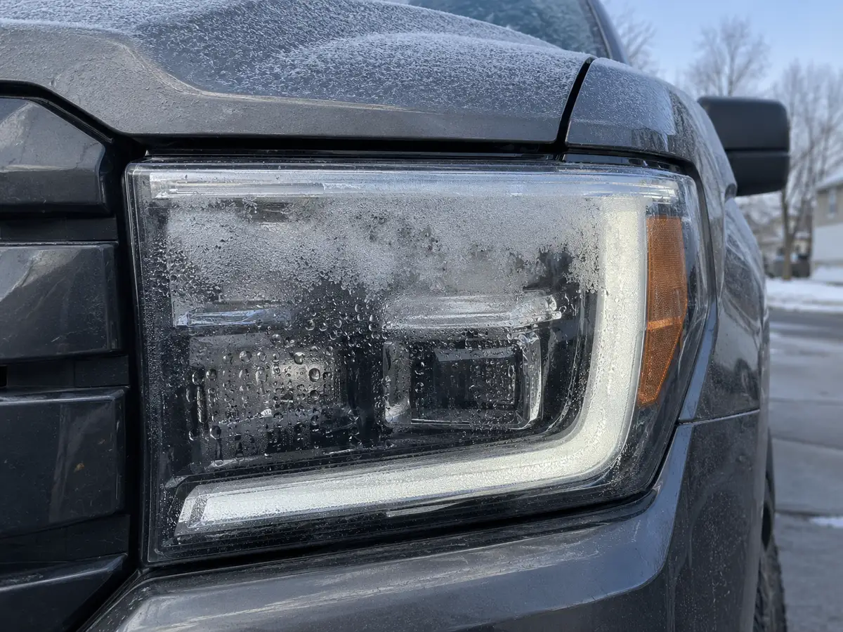 LED headlight of a Toyota truck with mist on the inside of the lens