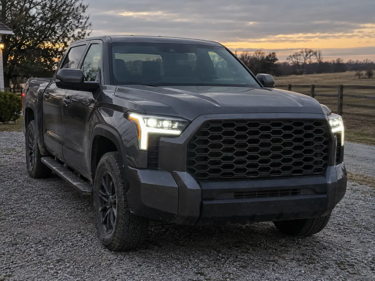 Front of a 2022 Toyota pickup with both LED headlights and daytime running lights on