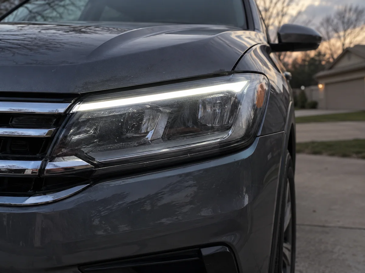 LED headlight of a Volkswagen SUV with its daytime running light strip lit, seen from the front corner