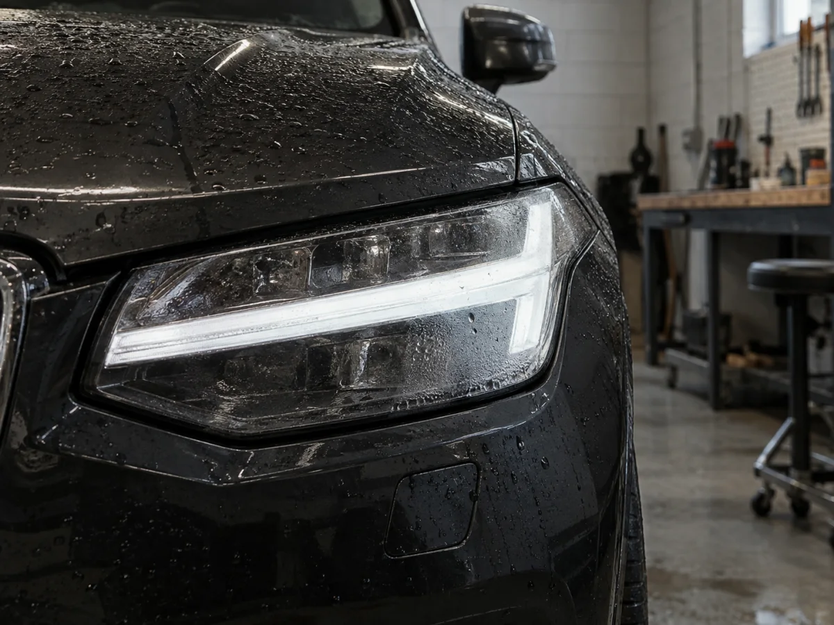 Water droplets on the inside of a Volvo headlight lens after rain