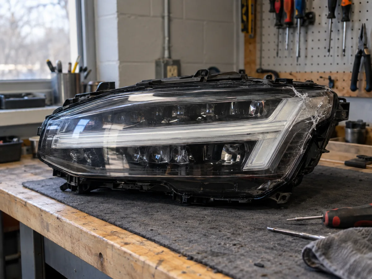 Volvo XC90 headlight with a cracked outer lens and the reflector intact behind it
