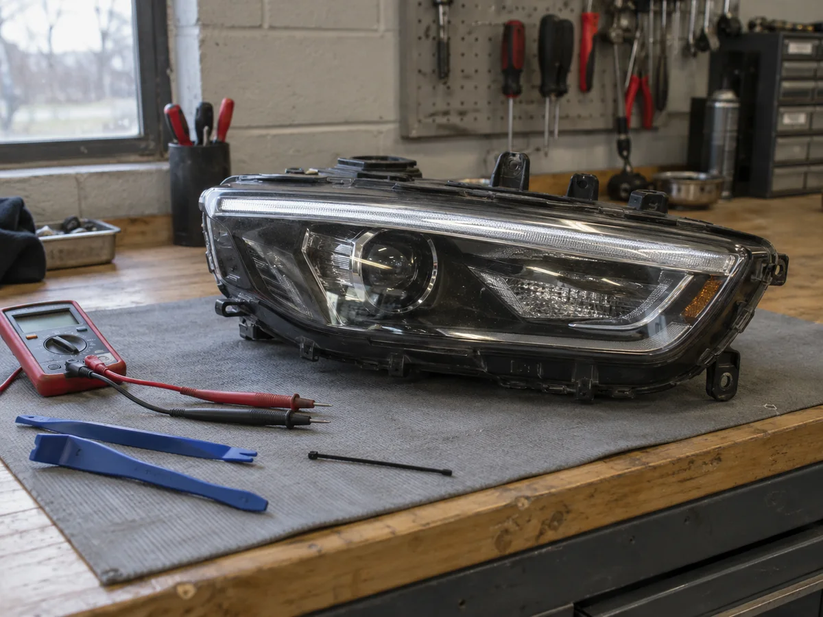 Faro LED de una camioneta VW mediana sobre la mesa de trabajo, con la tira de luz de día en el borde de arriba