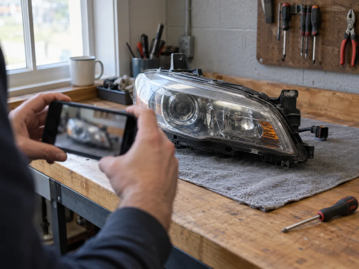 Taking a photo of a removed car headlight on a table before asking for a mail-in repair quote