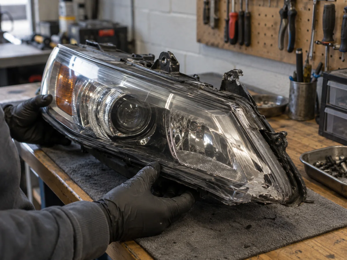 Close-up of a headlight housing with a snapped mounting tab after a front-end collision