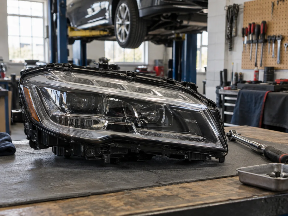 Adaptive LED headlight removed from a premium car on a dealership service bench
