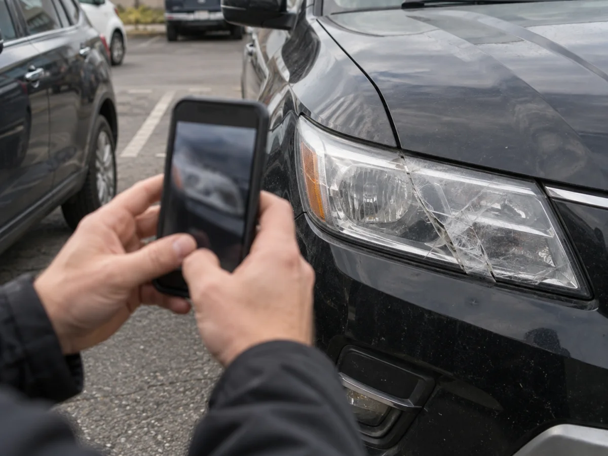 Photographing a cracked car headlight with a phone to document the damage for a claim