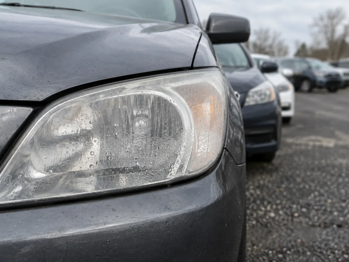 Headlight on a used car in a dealer lot with water droplets visible inside the lens