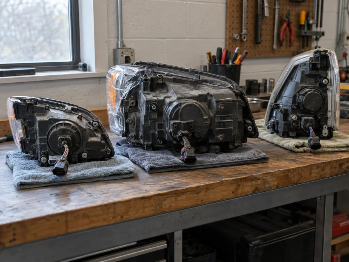 Headlights from a sedan, a pickup and a van lined up on a workbench
