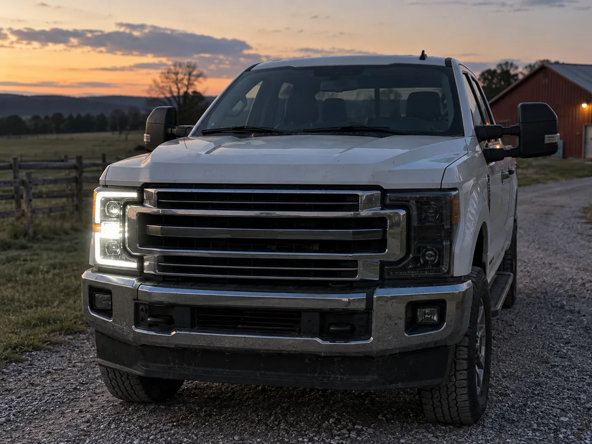 Truck headlight repair: a white heavy-duty pickup at dusk with one LED headlight lit and the other one dark
