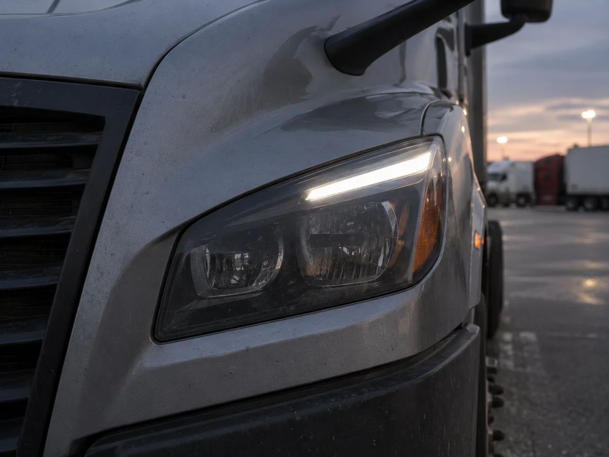Freightliner Cascadia headlight with its LED running strip partly dark on the driver's side