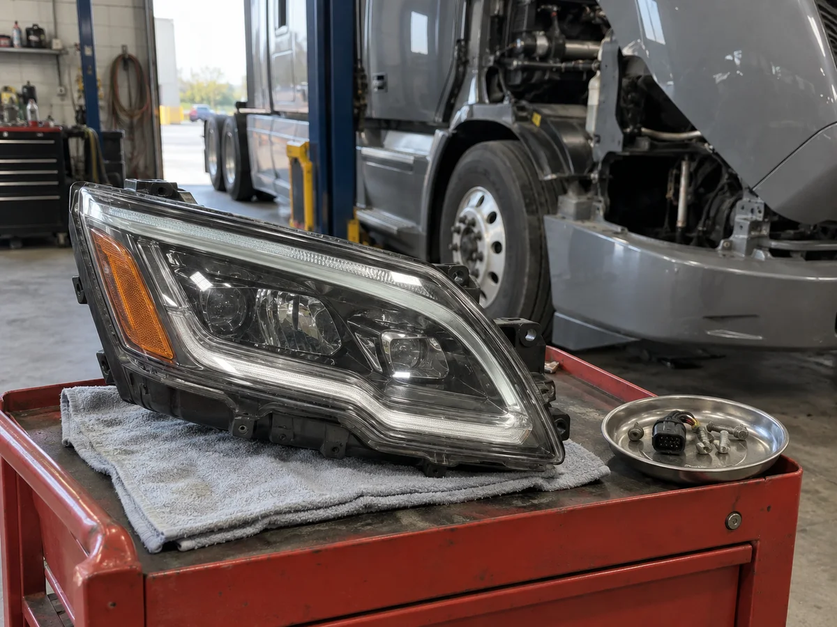 LED headlight unit pulled from a Cascadia tractor, resting on a shop cart before packing