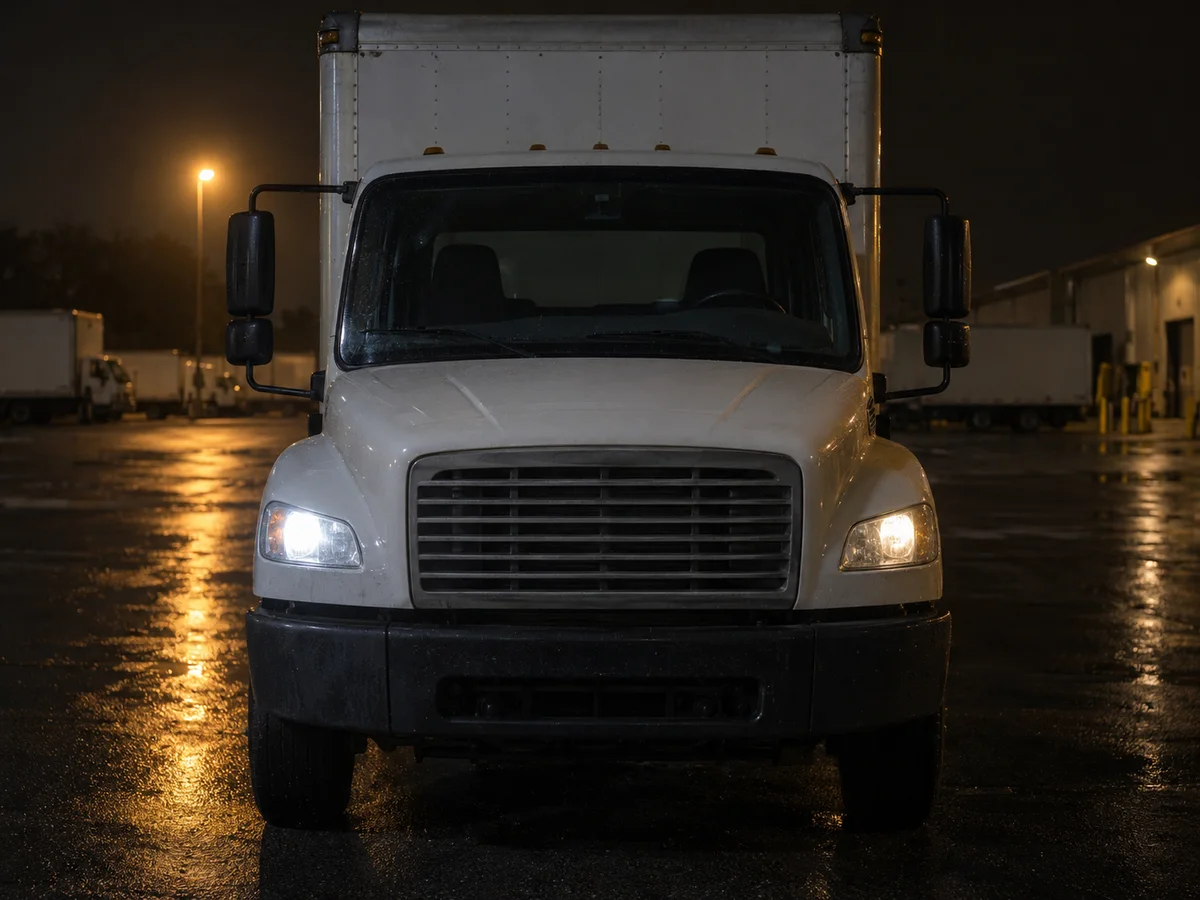 Freightliner headlight on an M2 box truck at night, one factory LED unit dimmer than the other