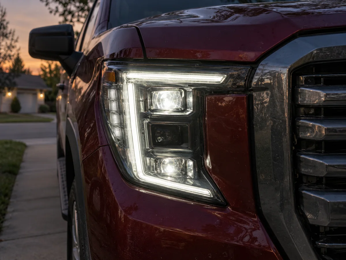 GMC headlight on a Sierra pickup with one LED section dark