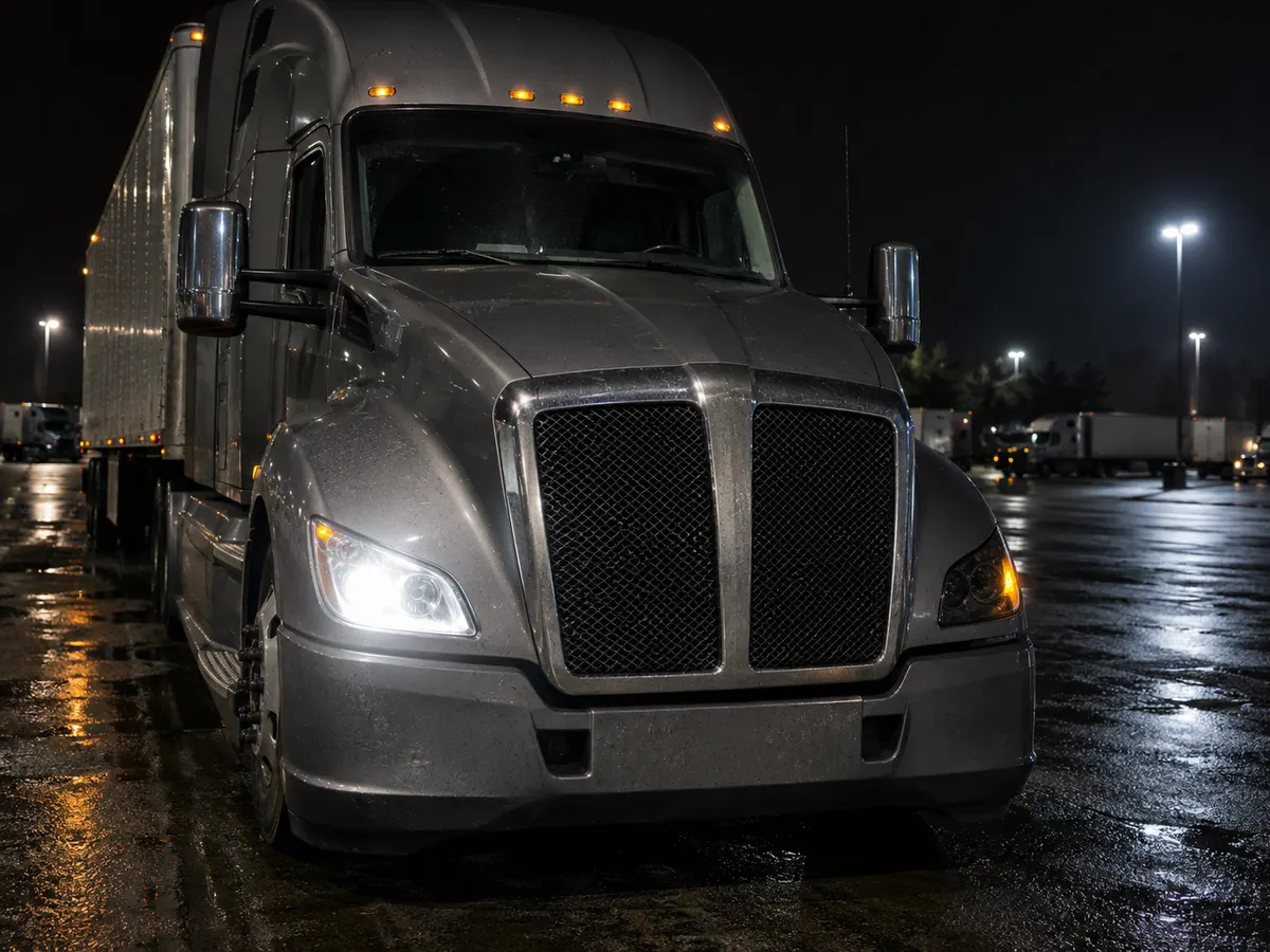 Kenworth headlight on a T680 tractor at night, with the low beam out on the driver's side