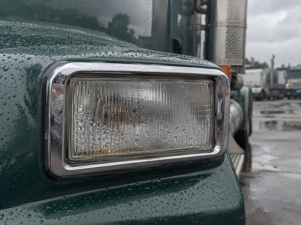 Droplets of moisture inside the headlight of a long-nose truck parked in the rain