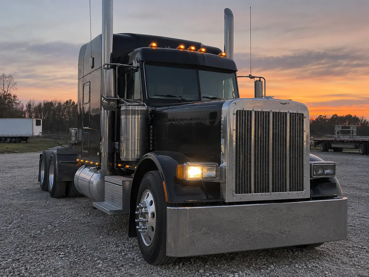 Peterbilt 389 headlight on a long-hood tractor at dusk, with the low beam dark on one side