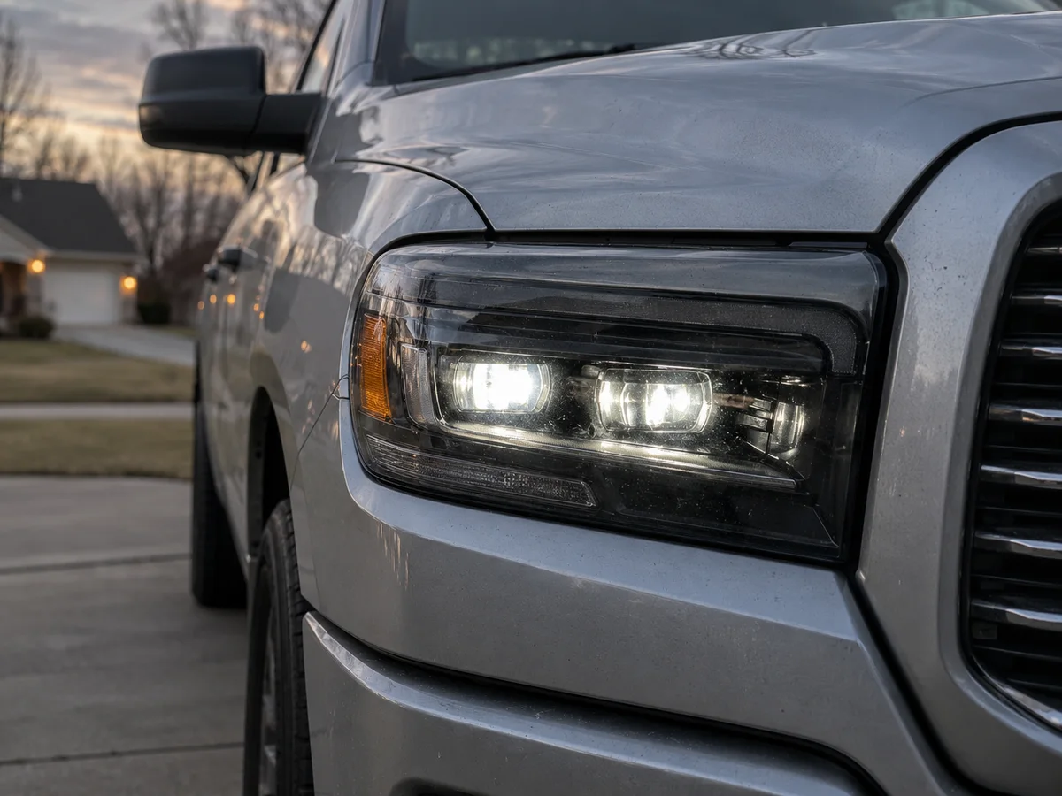 Ram 1500 headlight on a late-model pickup with the LED accent light dark on one side