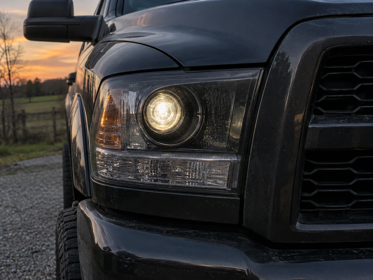 Ram 2500 headlight on a heavy-duty pickup with the LED halo dark around the lens
