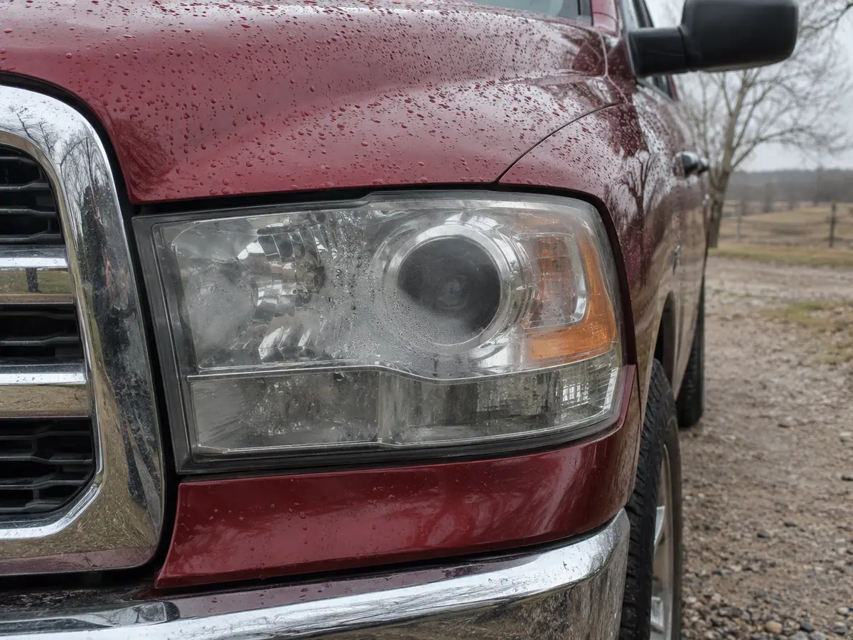 Ram headlight on a pickup truck with water droplets inside the lens